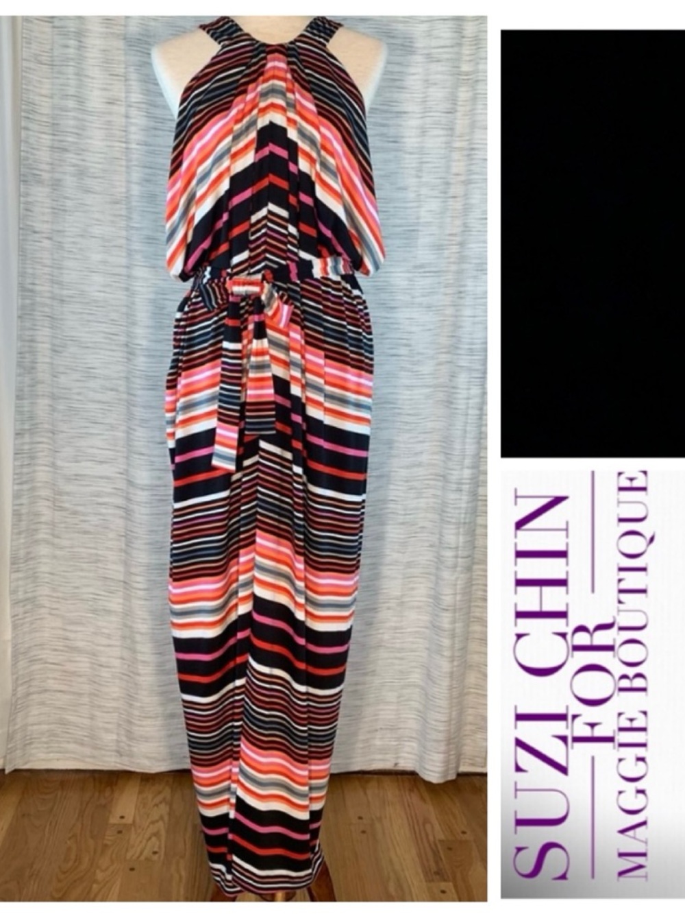 Suzi Chin Maggy Boutique Striped Halter Maxi Dress.